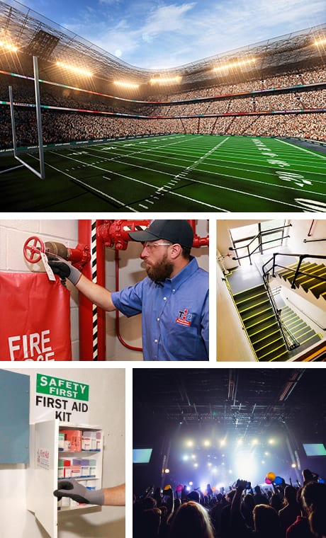 Collage of entertainment images with Total Fire Protection technician 