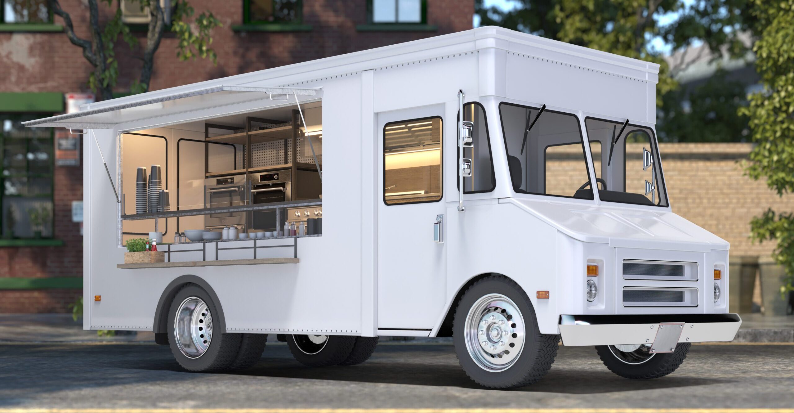 White Blank Realistic Food Truck With Detailed Cozy Interior With Warm Light On Street. Modern Cityscape. Takeaway Food And Drinks. 3d rendering. Front View